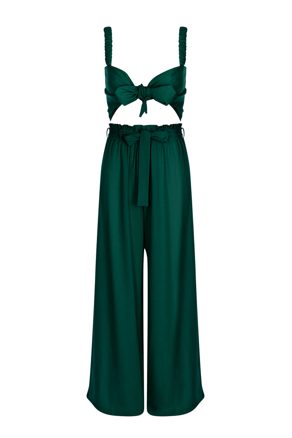 Emerald - Linen Ruched Sleeve Tie Top