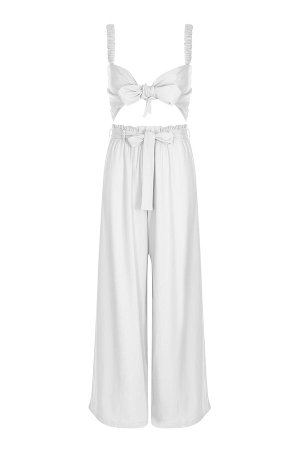 White - Linen Ruched Sleeve Tie Top