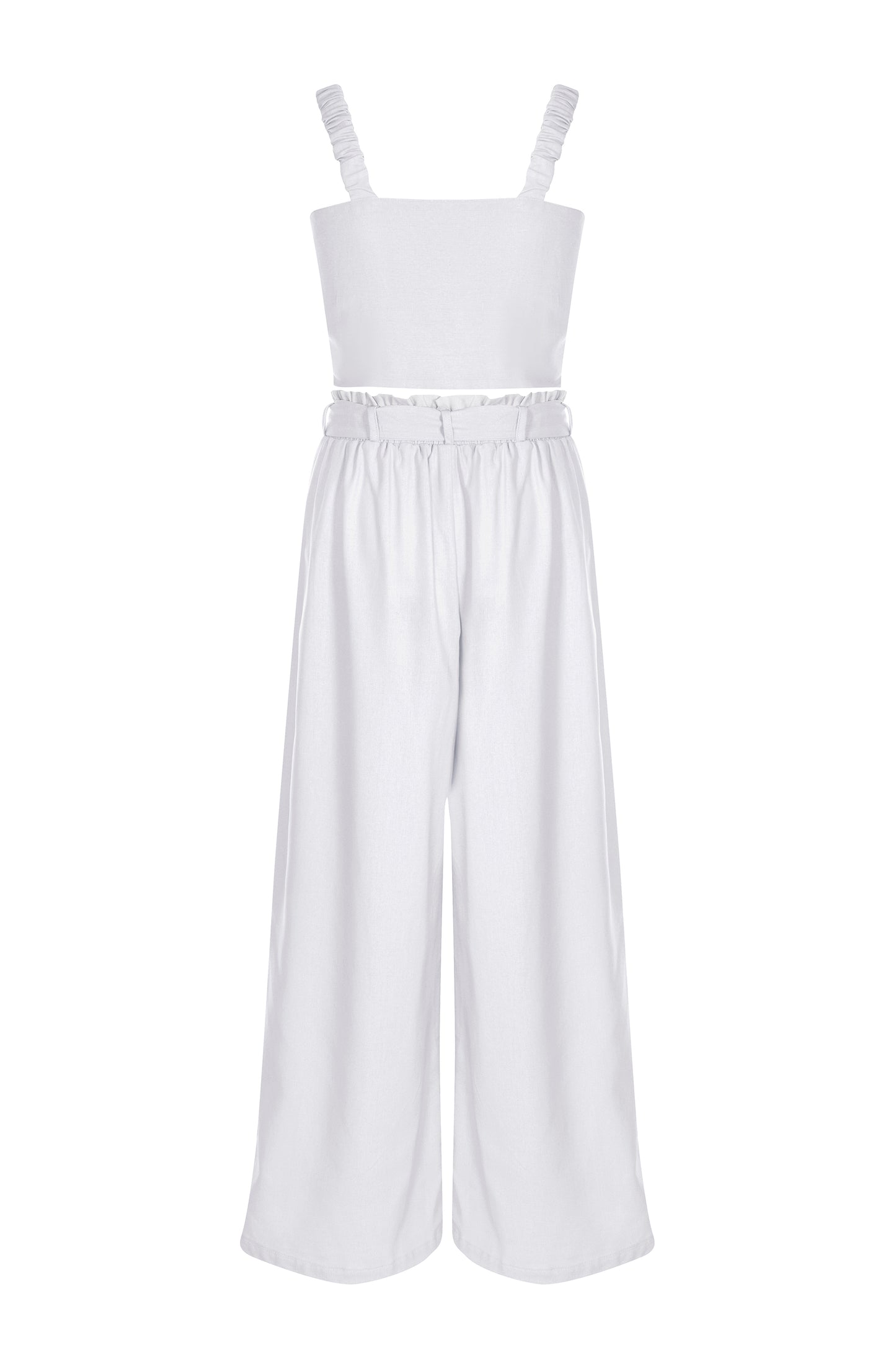 White - Linen Ruched Sleeve Tie Top